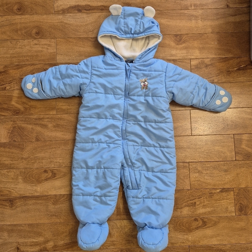 Faded Glory Baby Blue Puppy Hooded Snowsuit with Ears – Size 6-9 Months